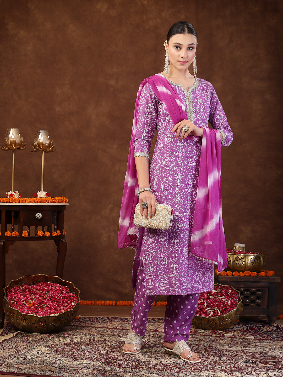 Purple Bandhani Printed Rayon Straight Kurta Pant Dupatta Set (Pre-Order)