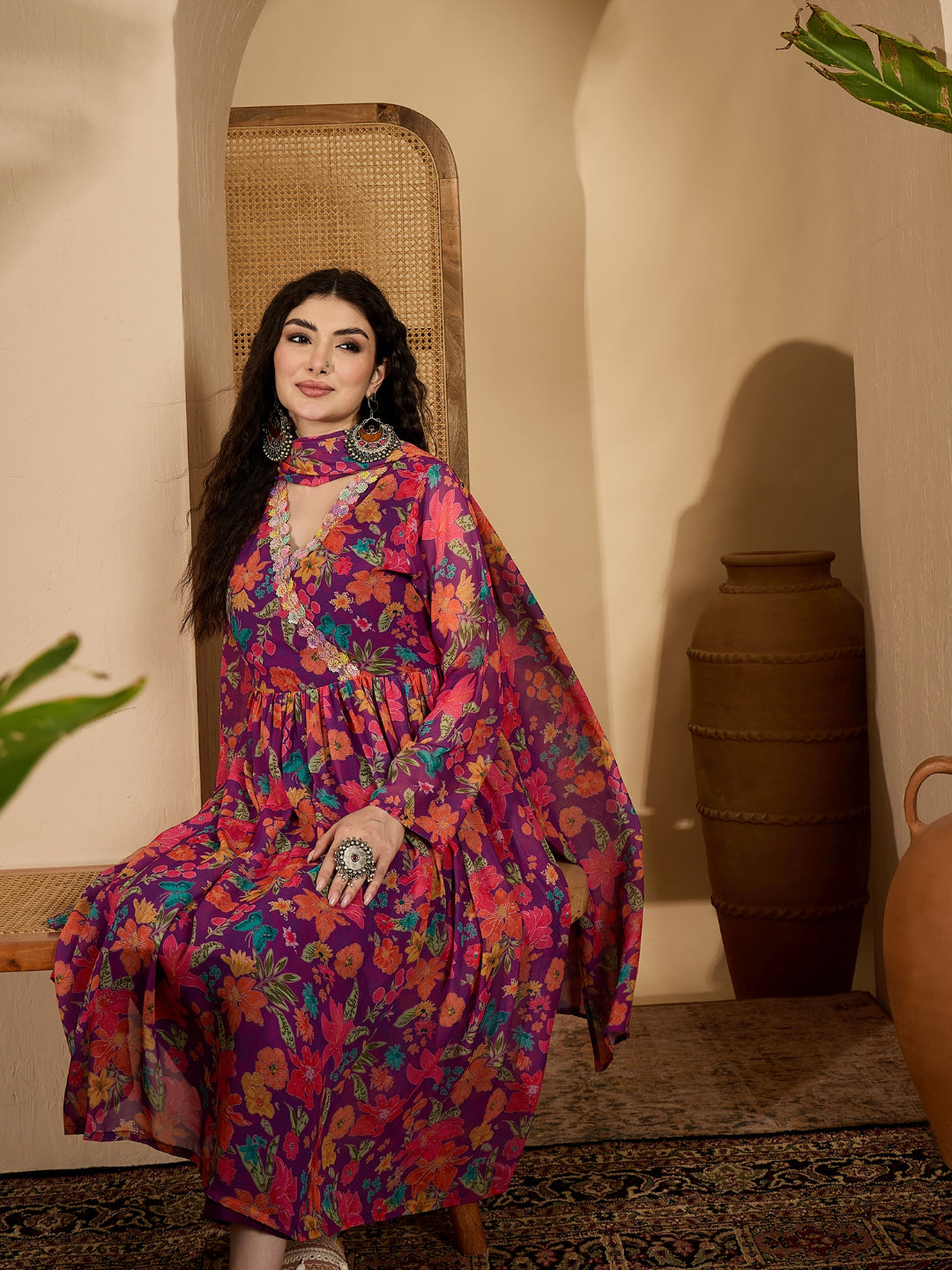 Floral Printed Aari Work Muslin Flared Kurta Pant Dupatta Set