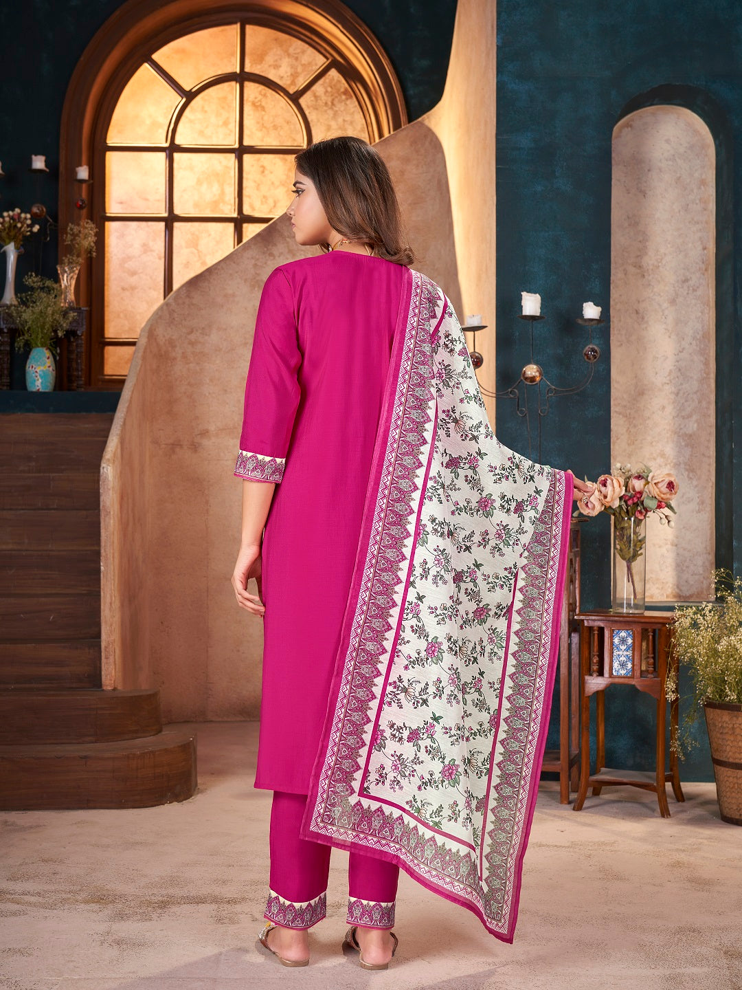 Magenta Solid & Embroidered Silk Straight Kurta Pant Dupatta Set