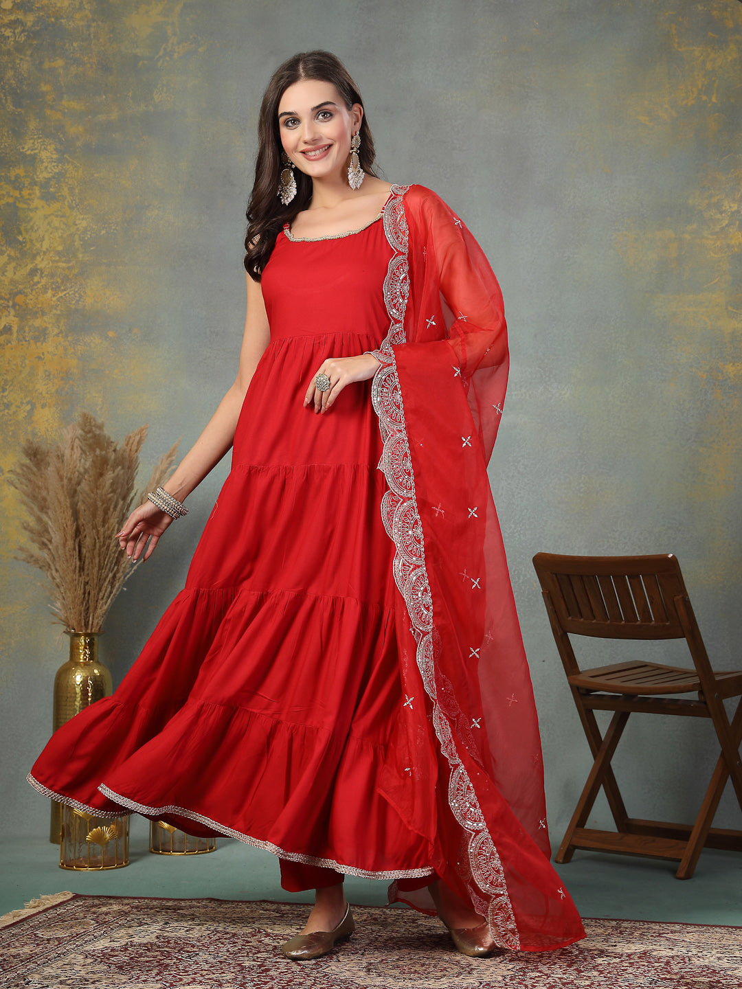 Red Solid Rayon Tiered Kurta Pant Dupatta Set