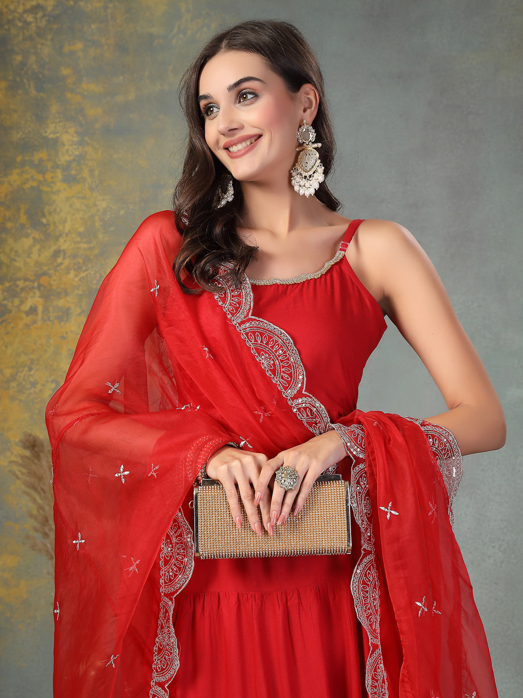 Red Solid Rayon Tiered Kurta Pant Dupatta Set