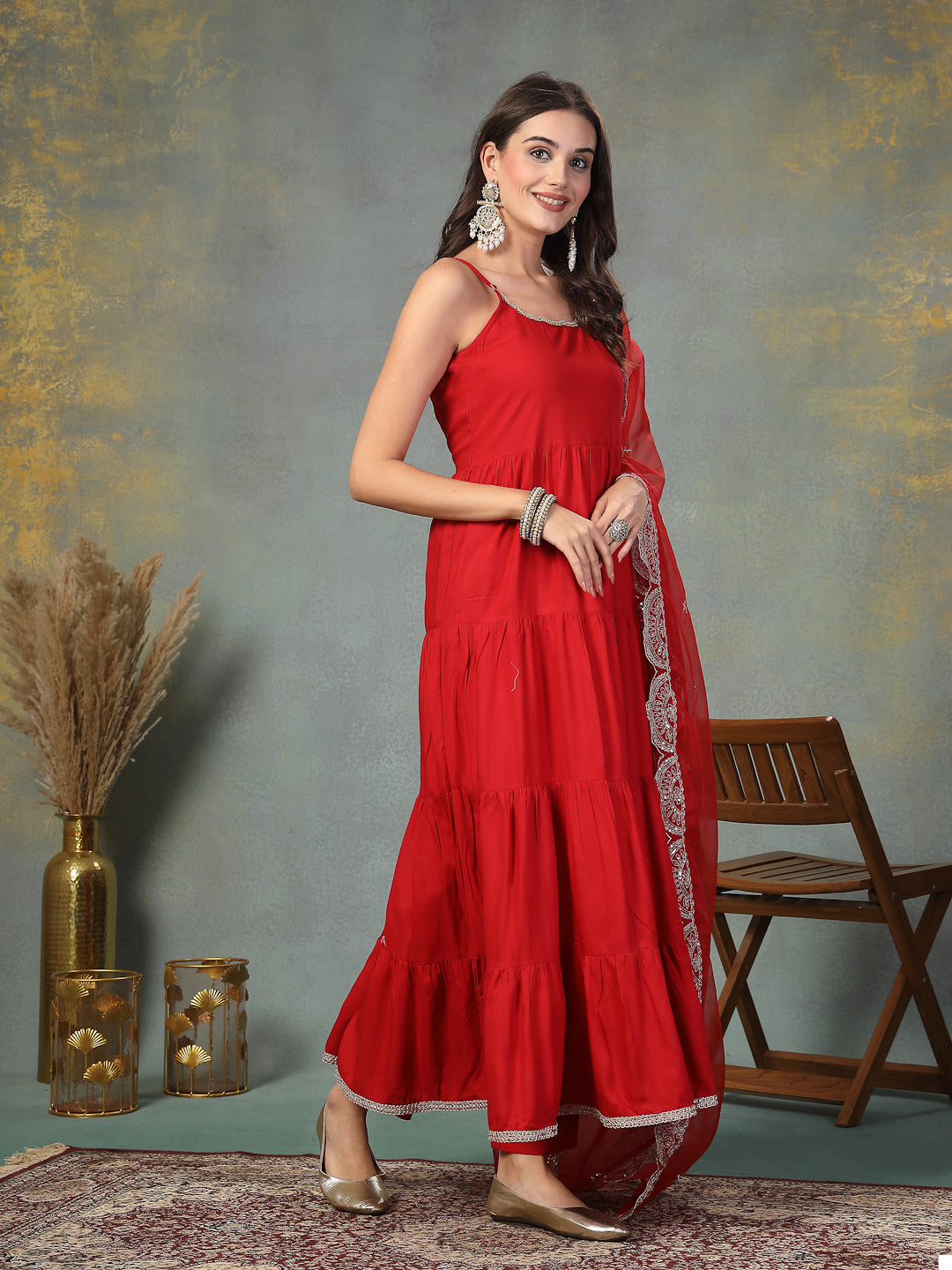 Red Solid Rayon Tiered Kurta Pant Dupatta Set