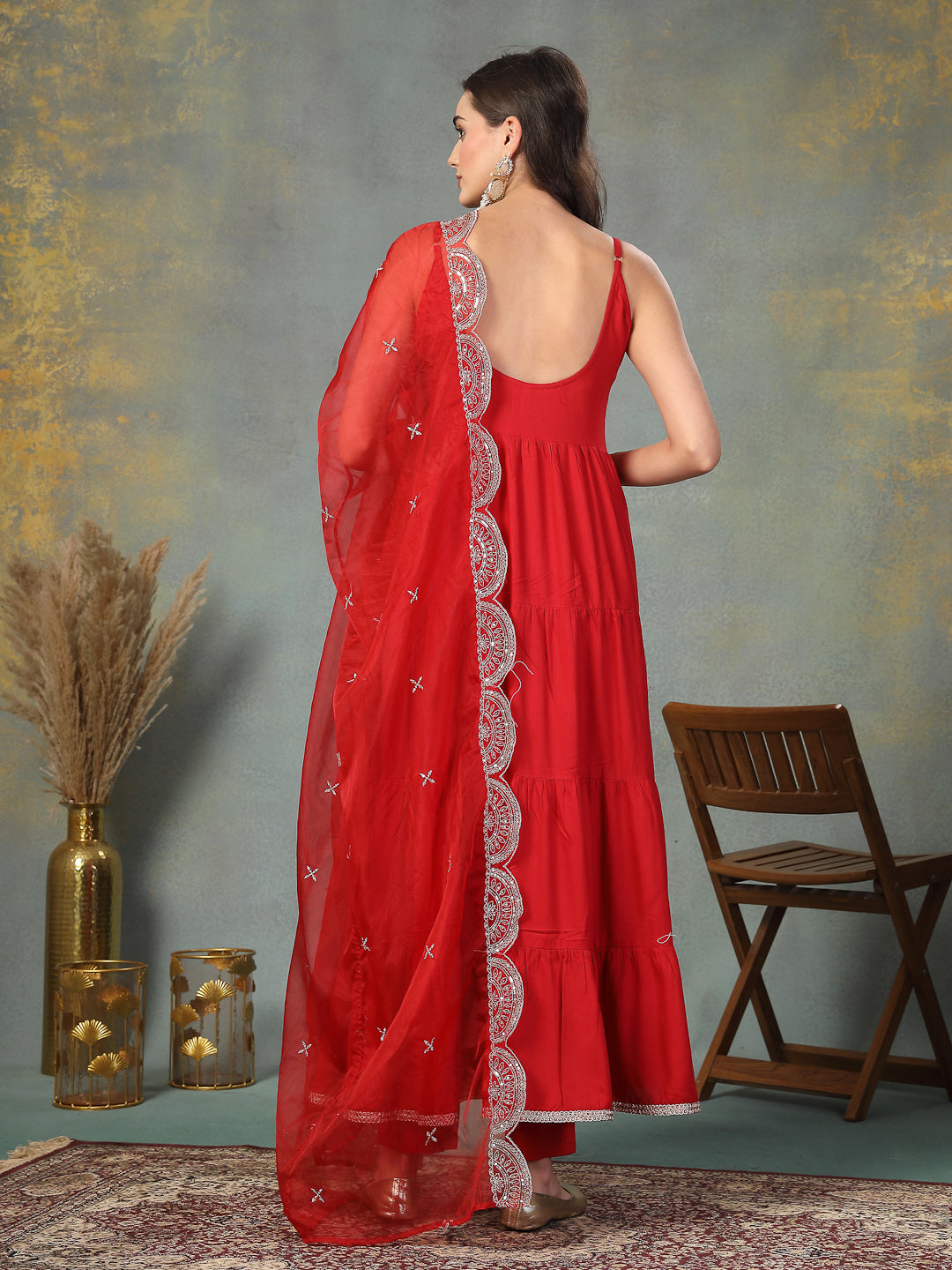 Red Solid Rayon Tiered Kurta Pant Dupatta Set