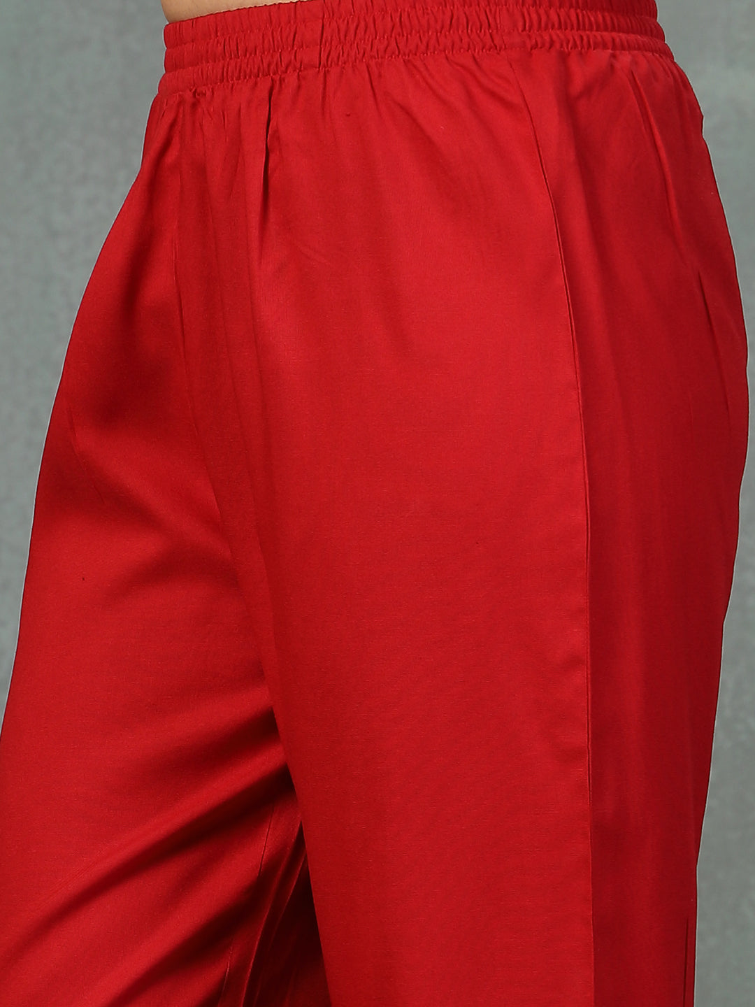 Red Solid Rayon Tiered Kurta Pant Dupatta Set