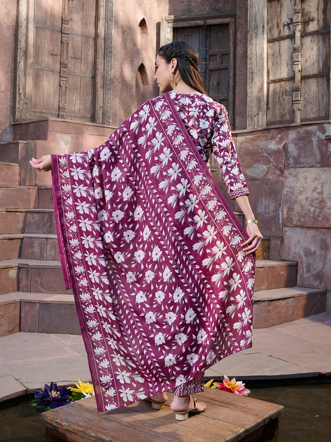 Red Ethnic Printed Cotton Blend Straight Kurta Pant Dupatta Set