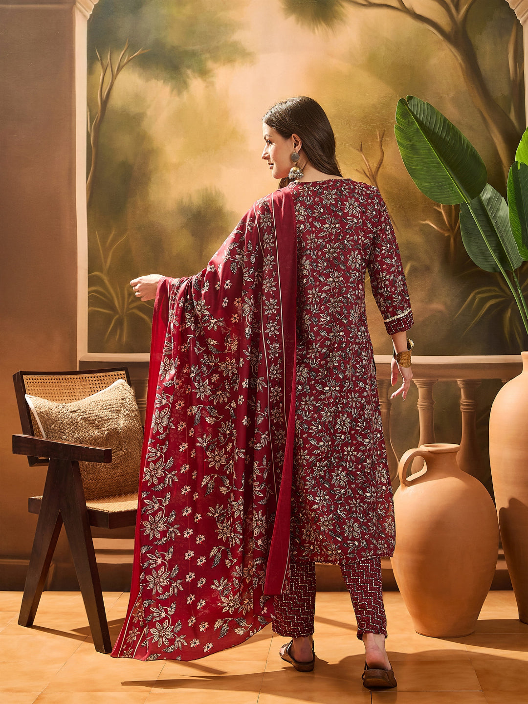 Women's Red Ethnic Printed Cotton Straight Kurta Pant Dupatta Set