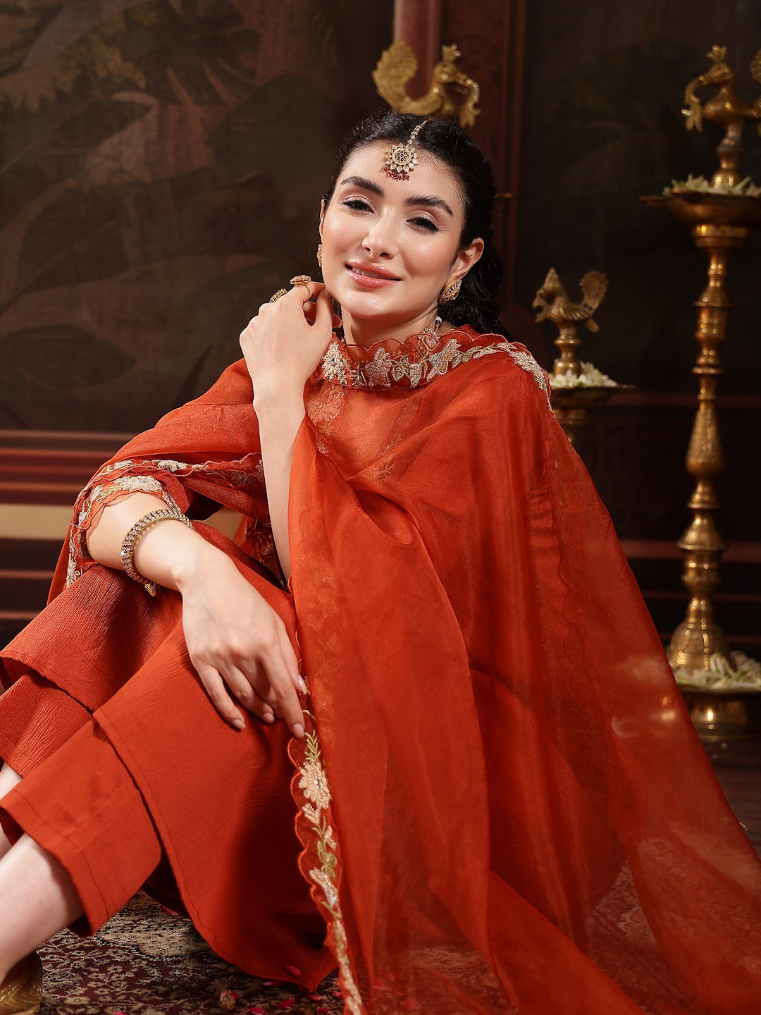 Rust Solid & Embroidered Crepe A-Line Kurta Pant Dupatta Set (Pre-Order)