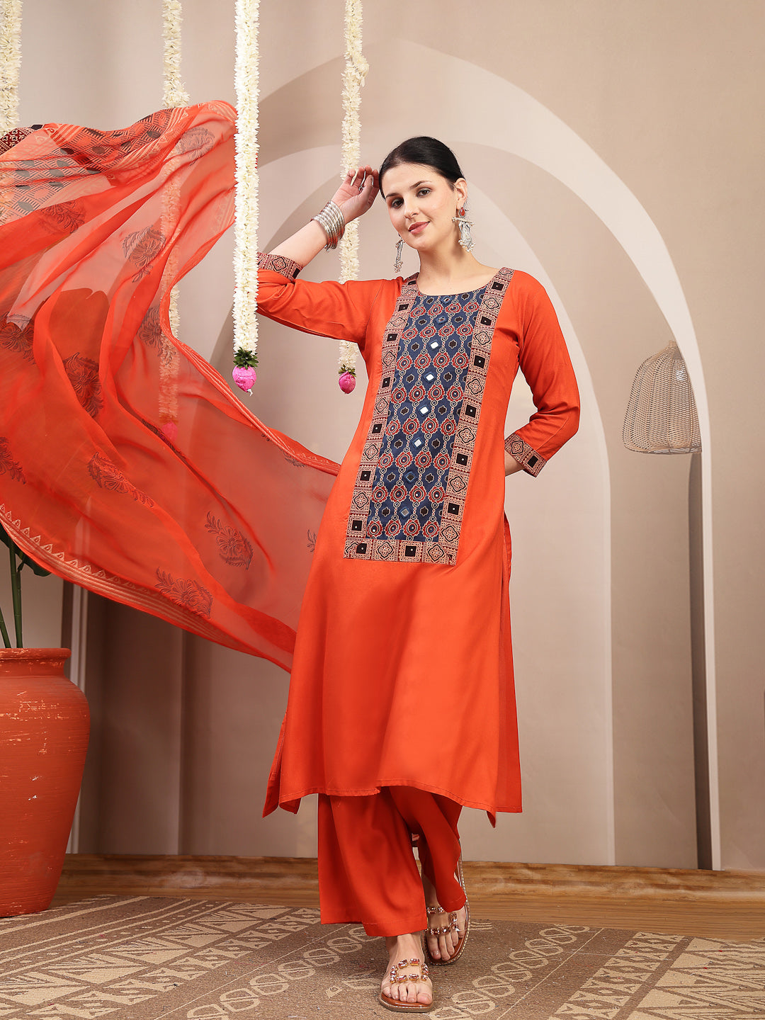 Solid Rayon A-Line Kurta Palazzo Dupatta Set