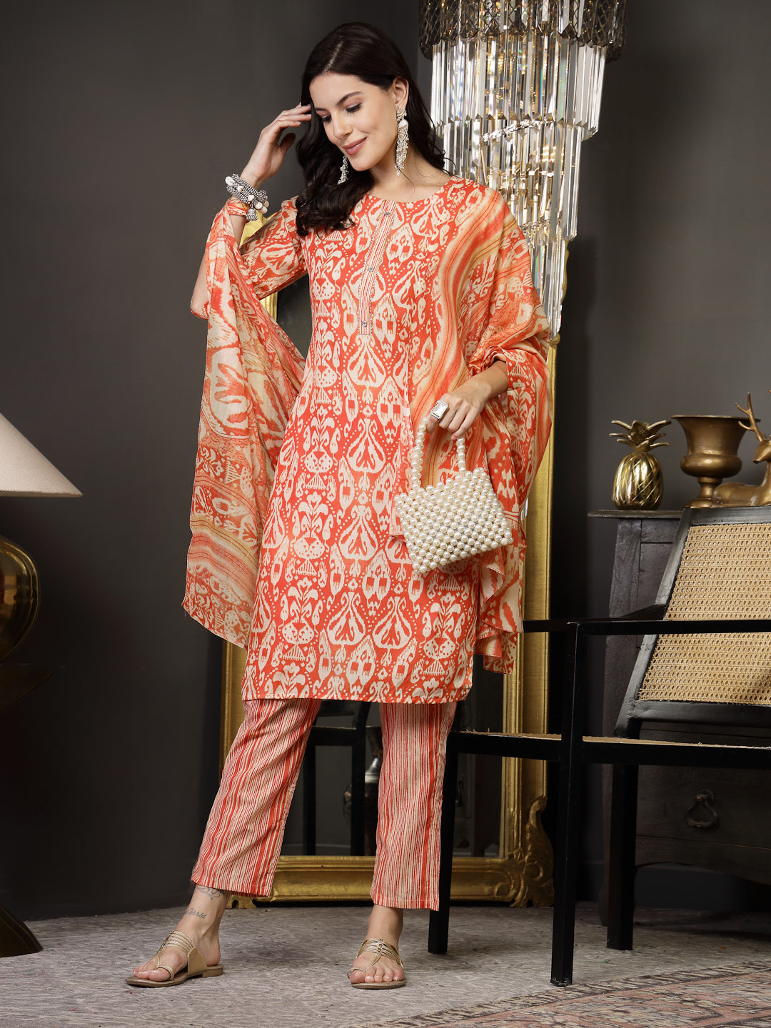 Rust Printed Cotton Straight Kurta Pant Dupatta