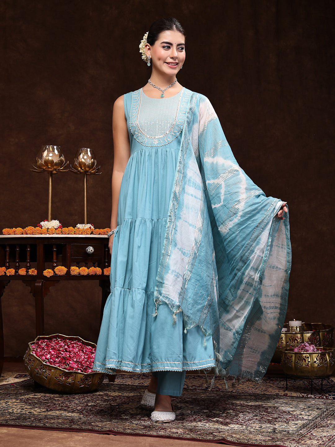 Aqua Blue Solid & Embroidered Cotton Tiered Kurta Pant Dupatta Set