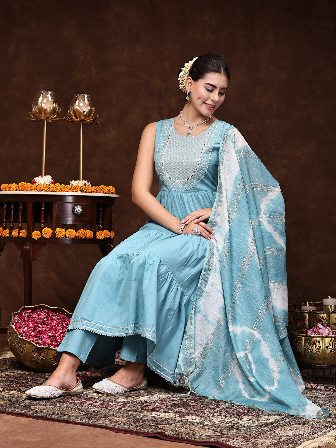 Aqua Blue Solid & Embroidered Cotton Tiered Kurta Pant Dupatta Set