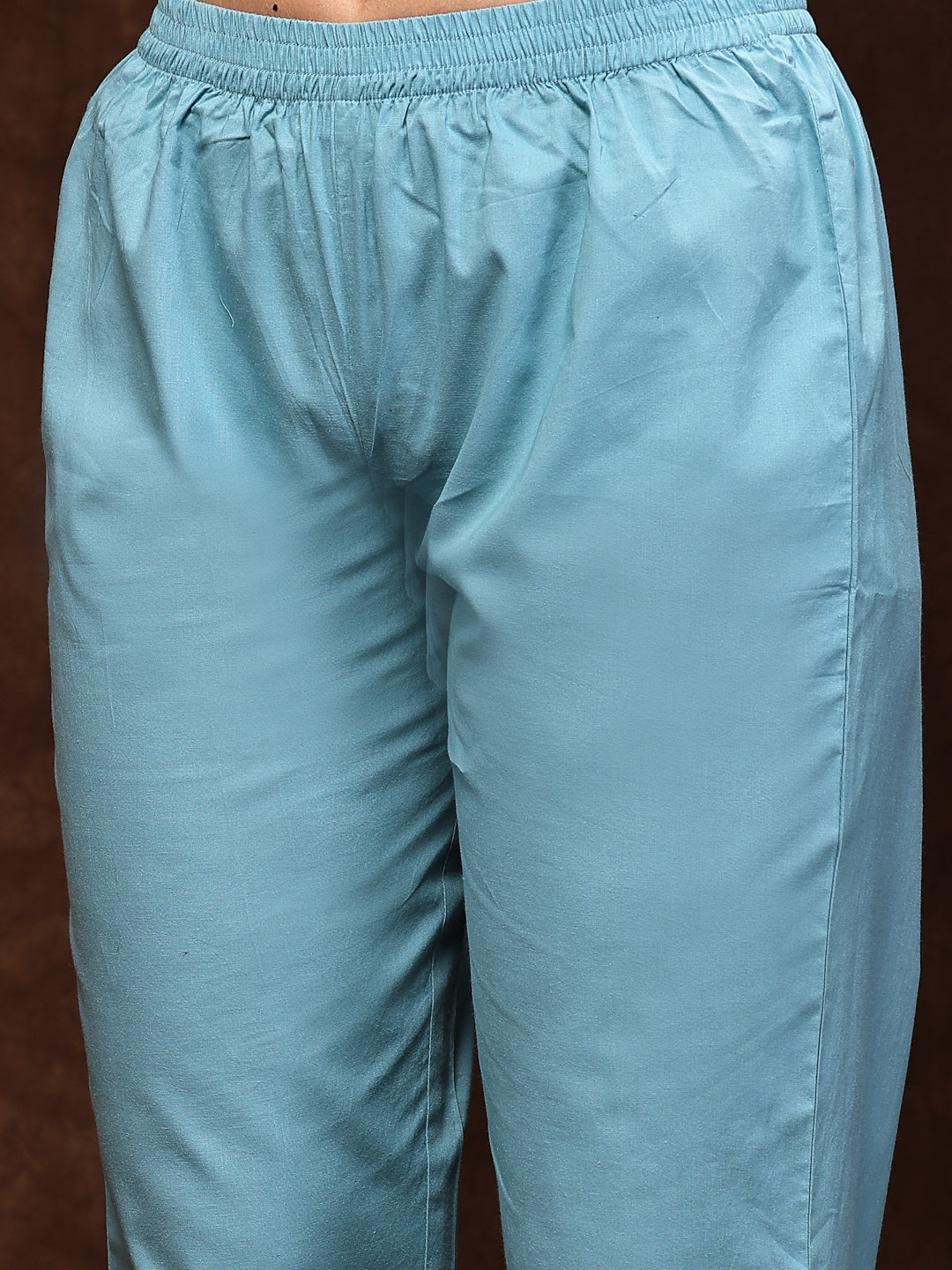 Aqua Blue Solid & Embroidered Cotton Tiered Kurta Pant Dupatta Set