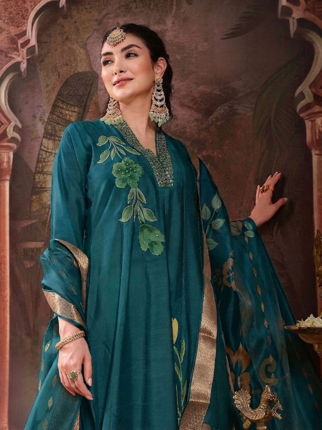 Solid & Embroidered Roman Silk A-Line Kurta Pant With Dupatta Dupatta