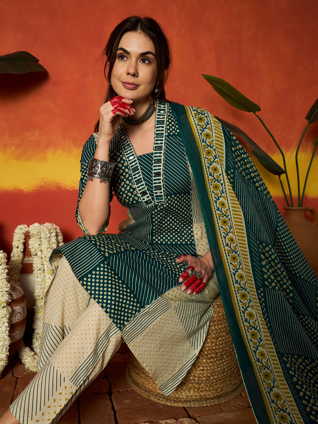 Printed Cotton Straight Kurta Pant Dupatta Set