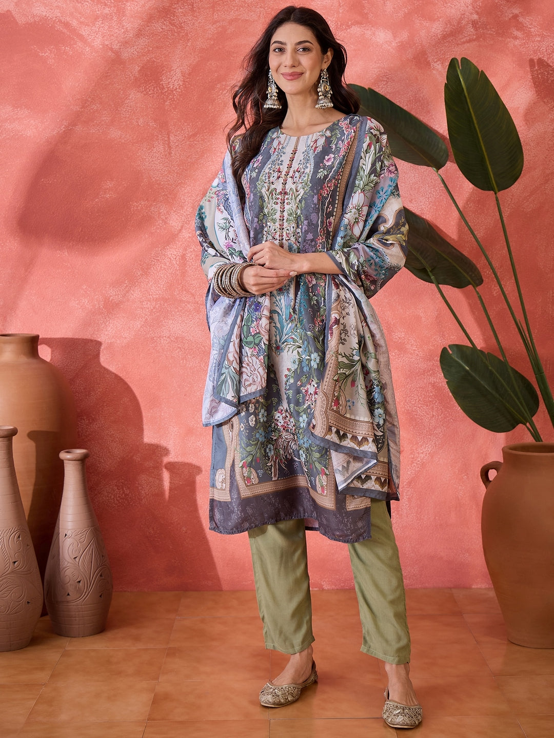 Teal Mirror Work Muslin Straight Pakistani Kurta Pant Dupatta Set
