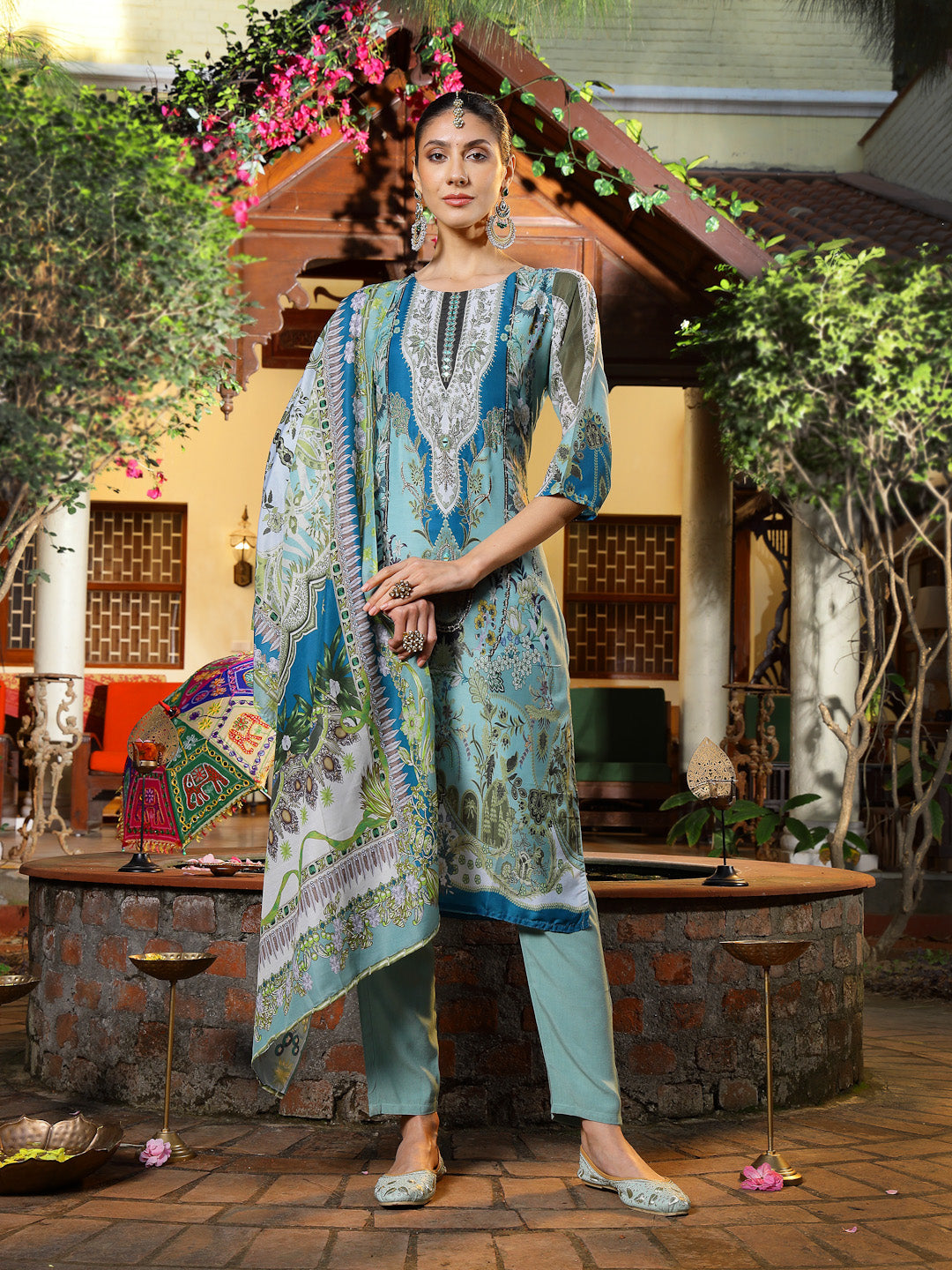 Turquoise Printed Aari Work Muslin Straight Pakistani Kurta Pant Dupatta Set