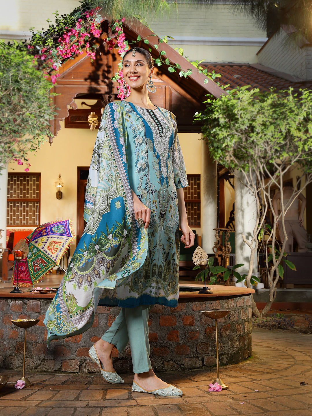 Turquoise Printed Aari Work Muslin Straight Pakistani Kurta Pant Dupatta Set (Pre-Order)