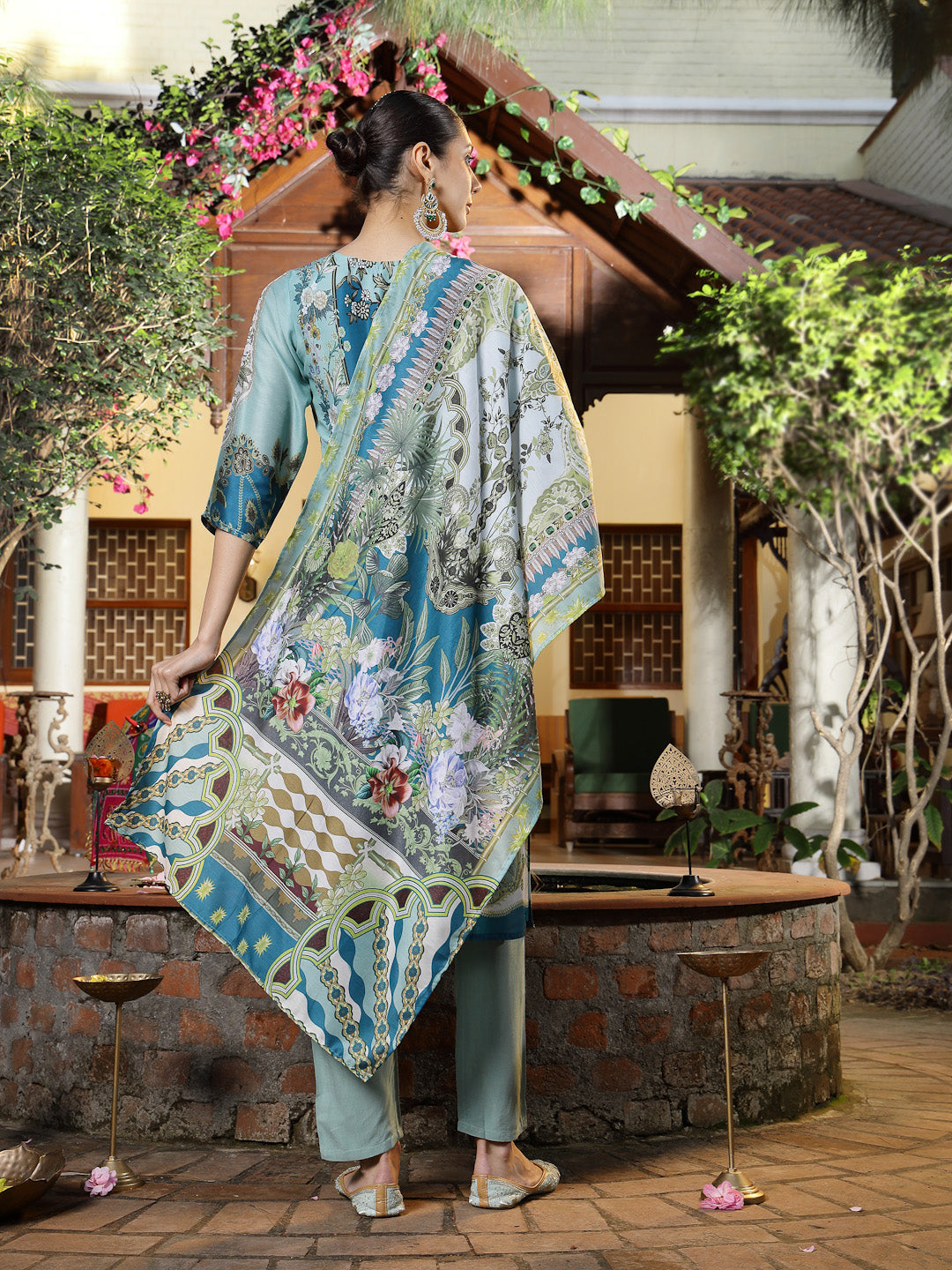 Turquoise Printed Aari Work Muslin Straight Pakistani Kurta Pant Dupatta Set (Pre-Order)