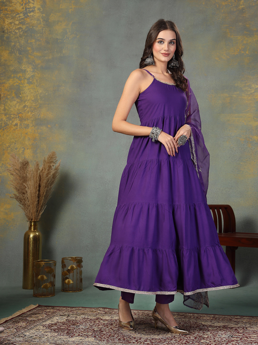 Violet Solid Rayon Tiered Kurta Pant Dupatta Set