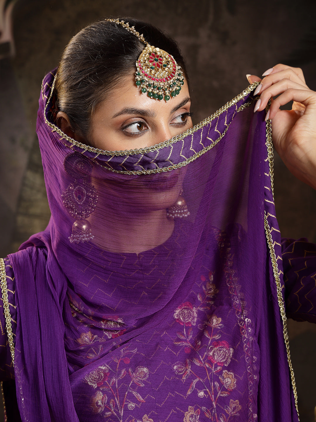 Voilet Printed & Embroidered Rayon Straight Kurta Pant Dupatta Set