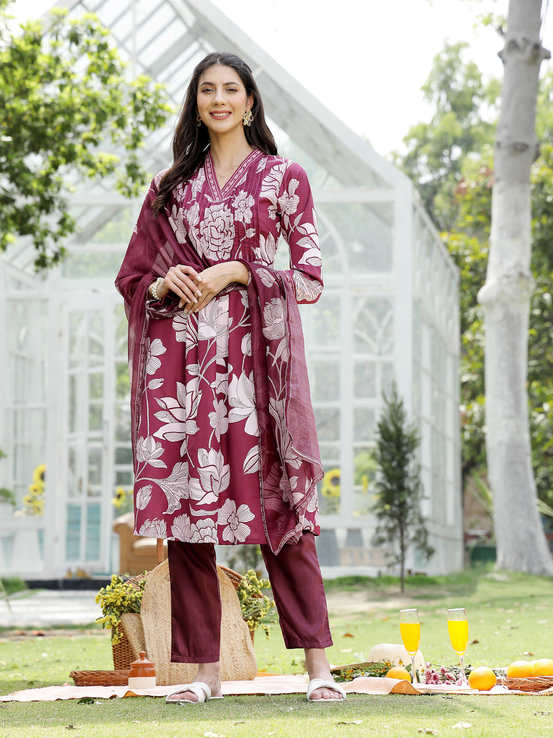 Wine Floral Printed Rayon A-Line Kurta Pant Dupatta Set