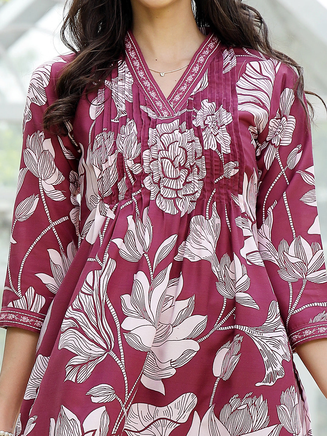 Wine Floral Printed Rayon A-Line Kurta Pant Dupatta Set