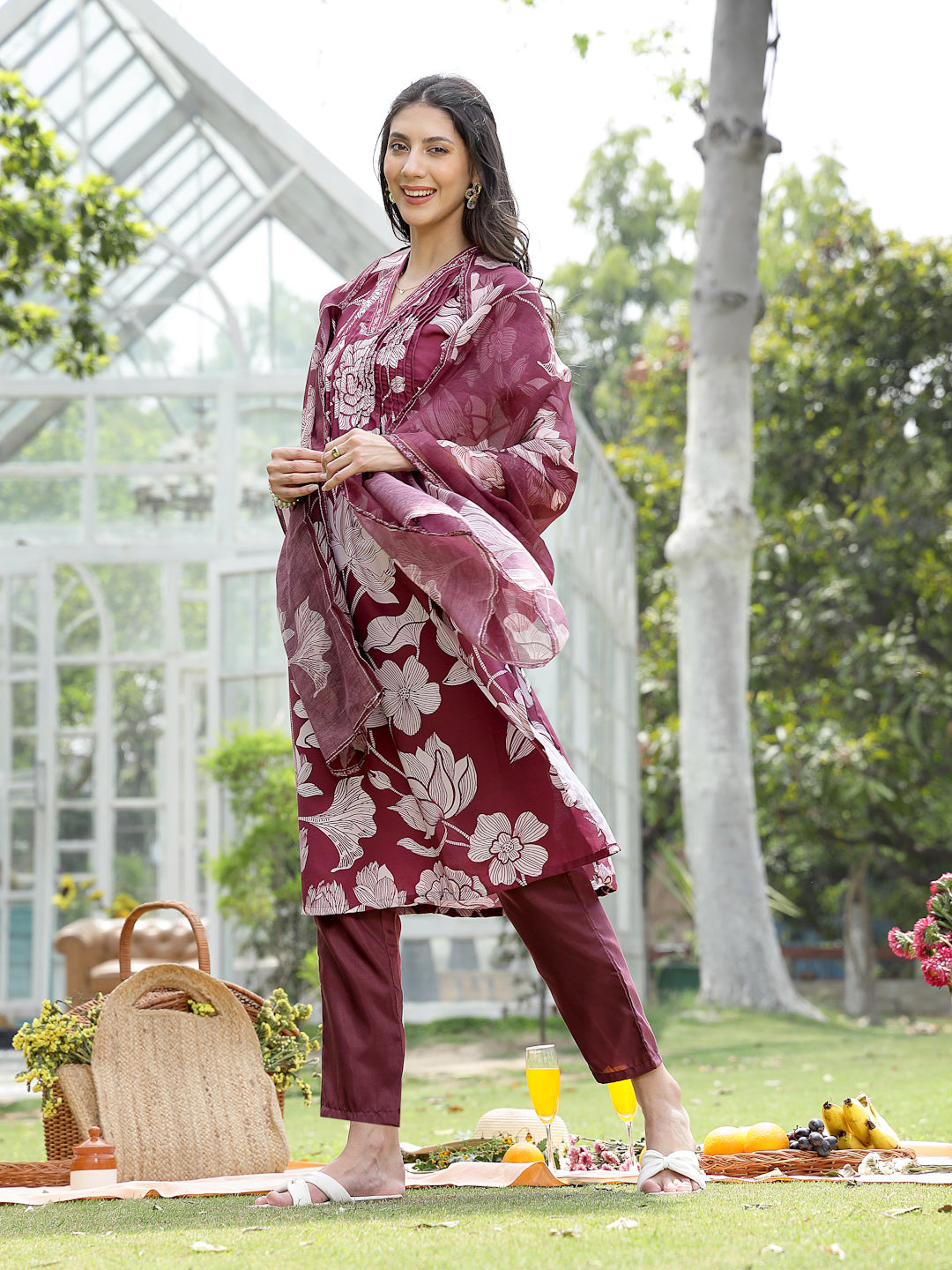 Wine Floral Printed Rayon A-Line Kurta Pant Dupatta Set