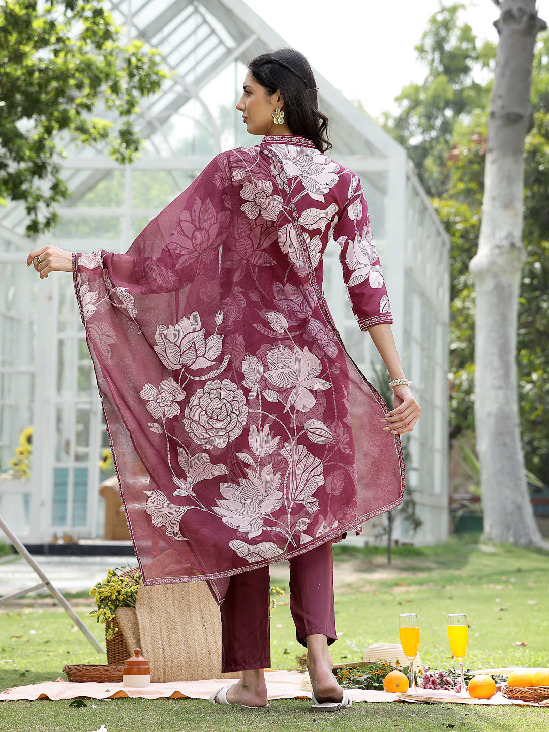 Wine Floral Printed Rayon A-Line Kurta Pant Dupatta Set