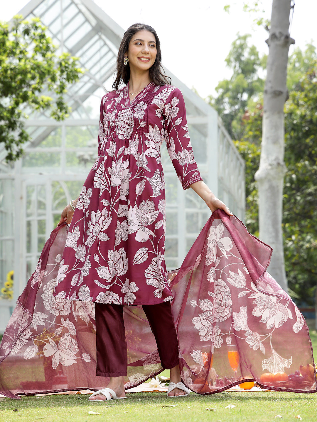 Wine Floral Printed Rayon A-Line Kurta Pant Dupatta Set