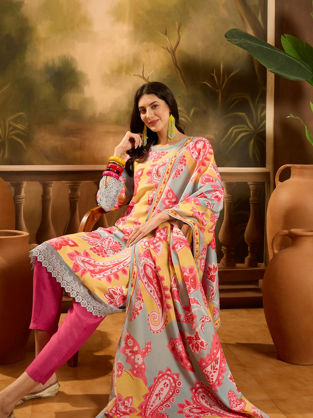 Paisley Printed Muslin Pakistani Style A-Line Kurta Pant Dupatta Set