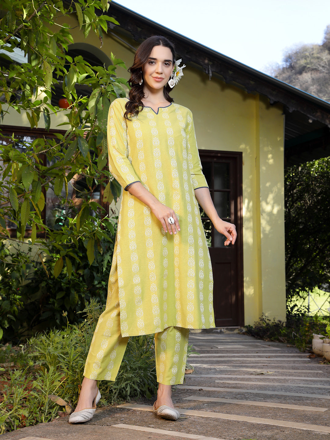 Lime Green Woven Design Cotton Blend Straight Kurta Pant Set