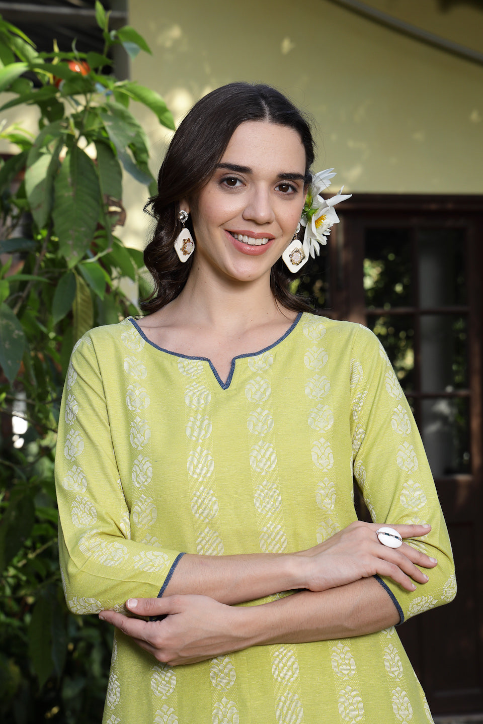 Lime Green Woven Design Cotton Blend Straight Kurta Pant Set