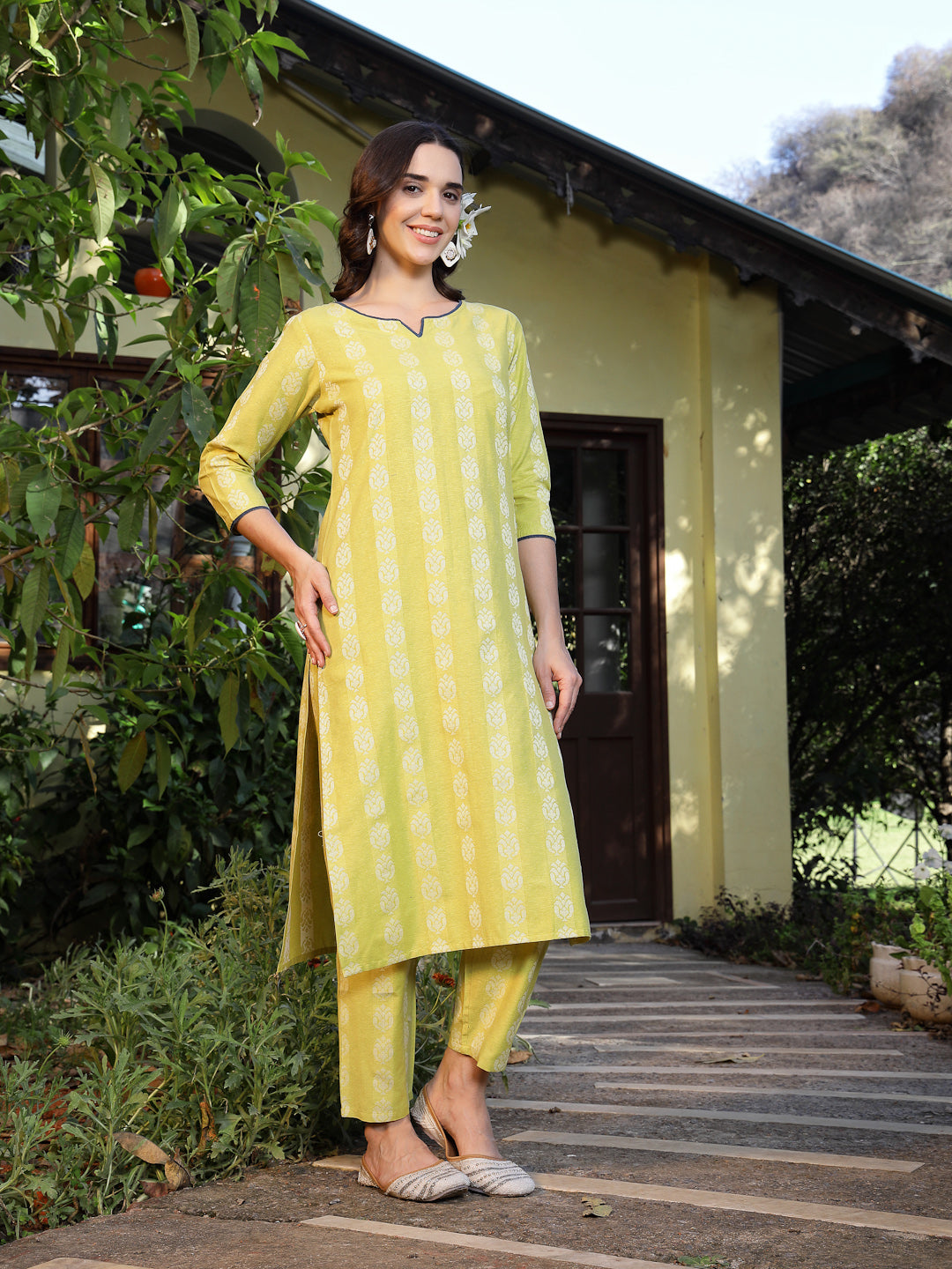 Lime Green Woven Design Cotton Blend Straight Kurta Pant Set