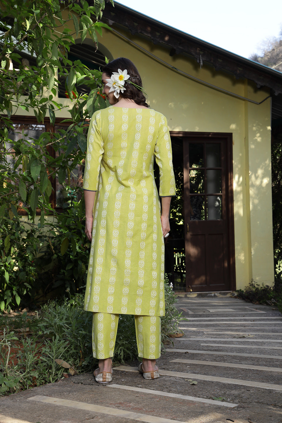 Lime Green Woven Design Cotton Blend Straight Kurta Pant Set