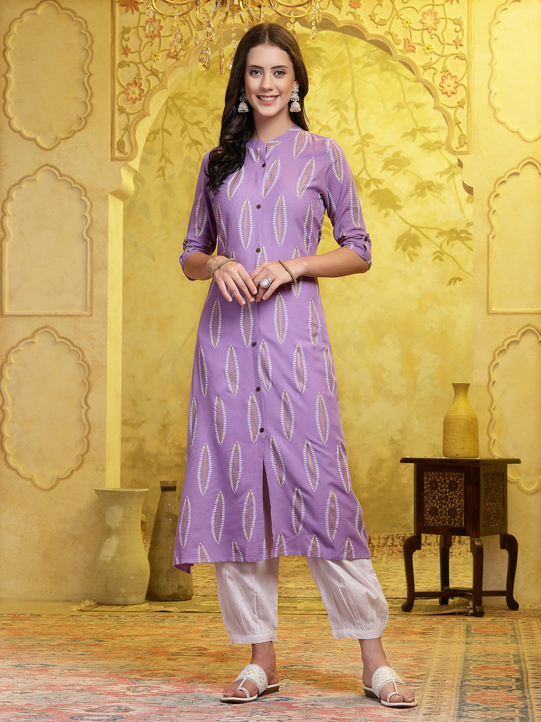 Lavender Printed Rayon A-Line Kurta Pant Set