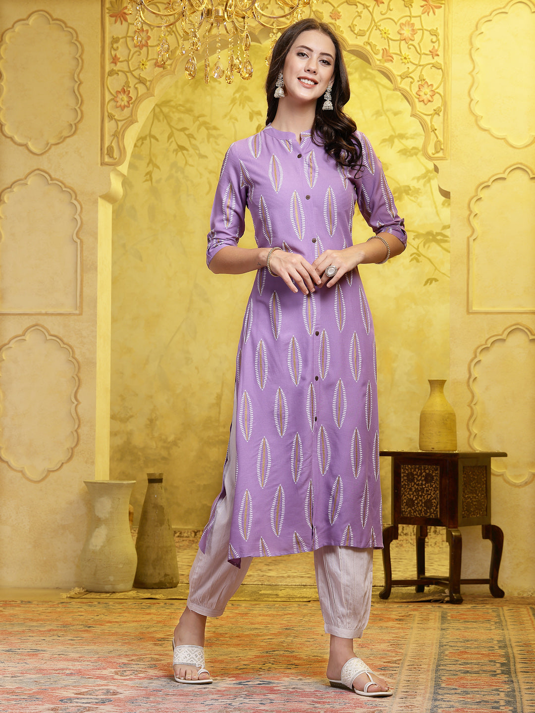 Lavender Printed Rayon A-Line Kurta Pant Set