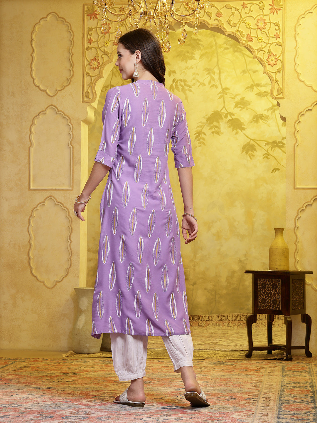 Lavender Printed Rayon A-Line Kurta Pant Set