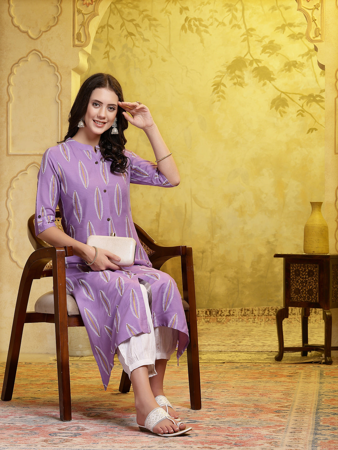 Lavender Printed Rayon A-Line Kurta Pant Set