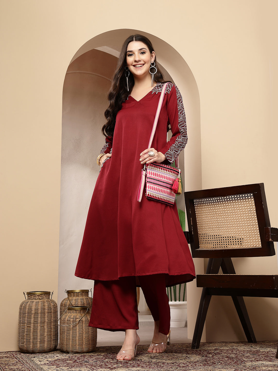 Maroon Solid Crepe A-Line Kurta Pant Set