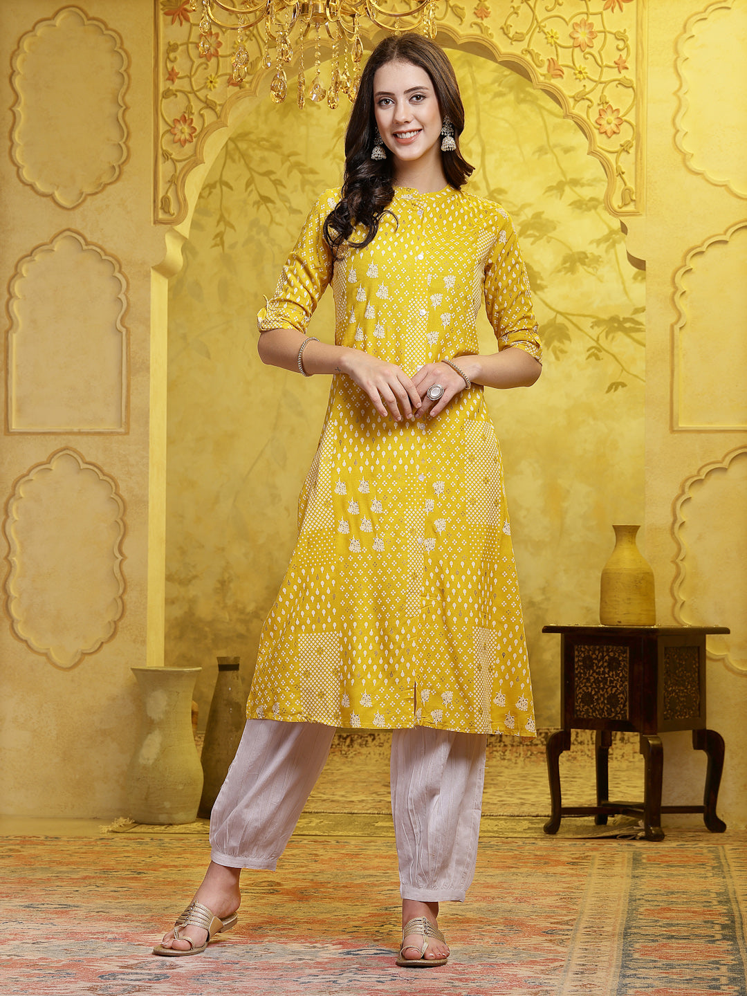 Mustard Printed Rayon A-Line Kurta Pant Set