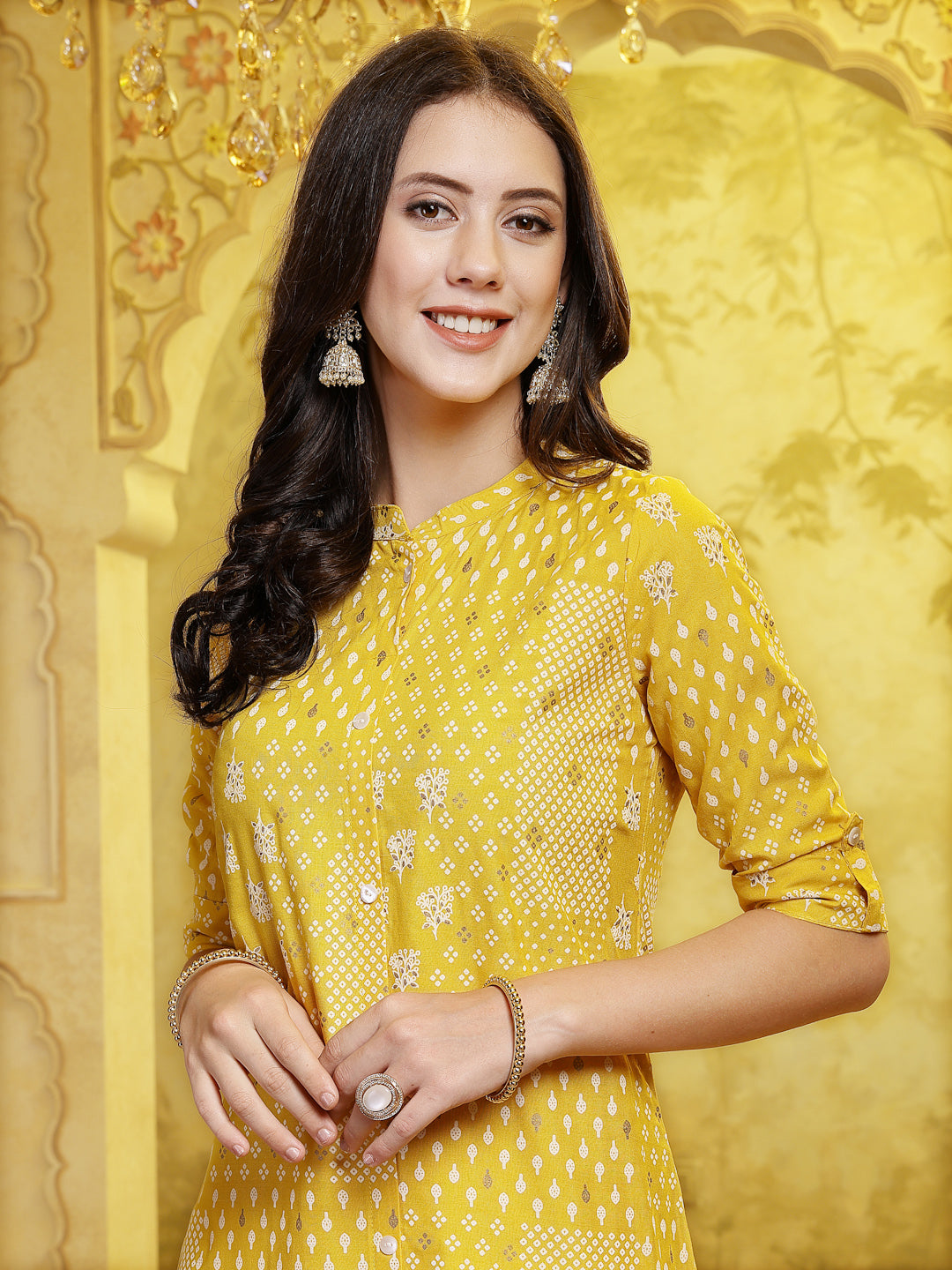Mustard Printed Rayon A-Line Kurta Pant Set