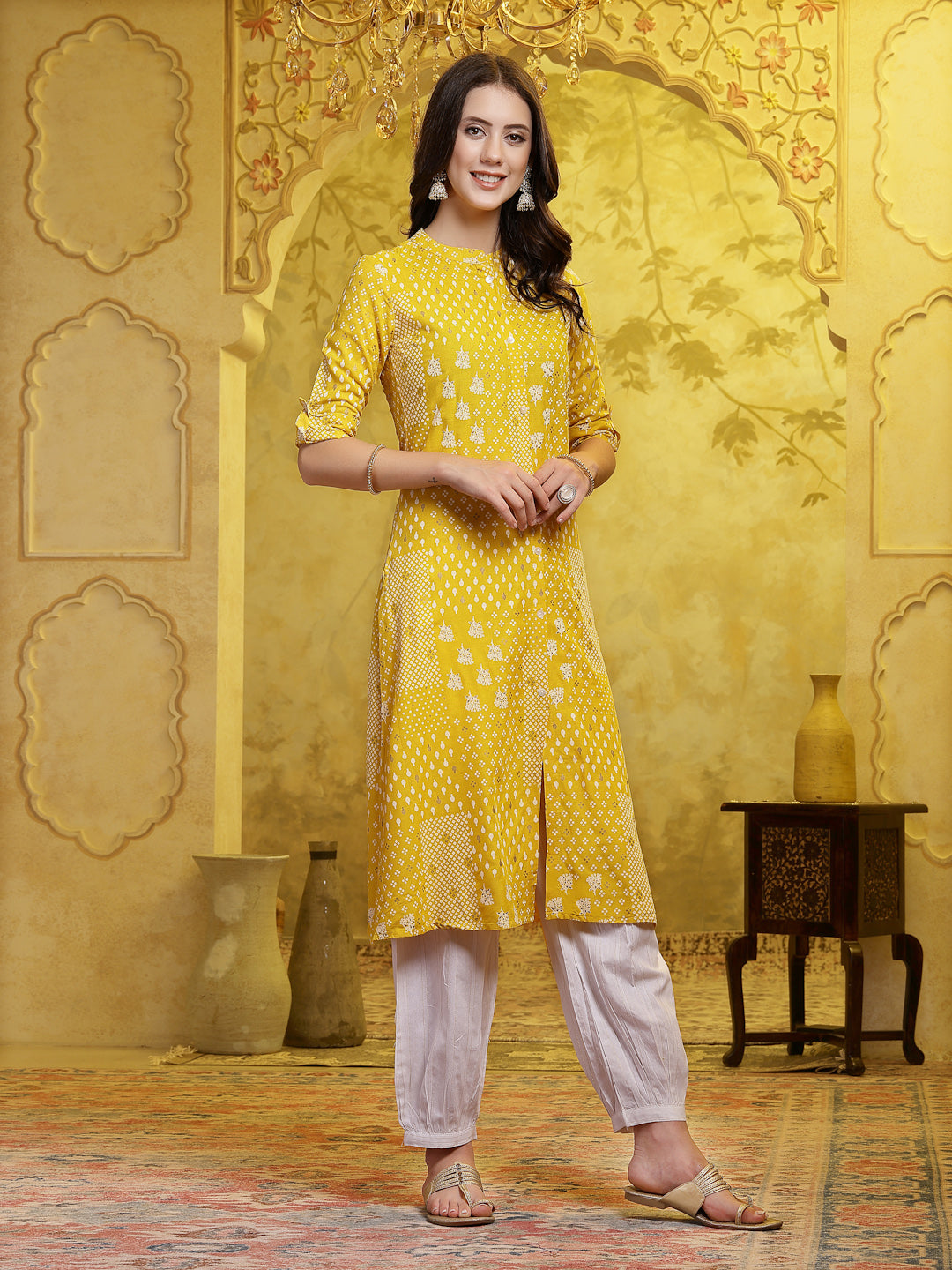 Mustard Printed Rayon A-Line Kurta Pant Set