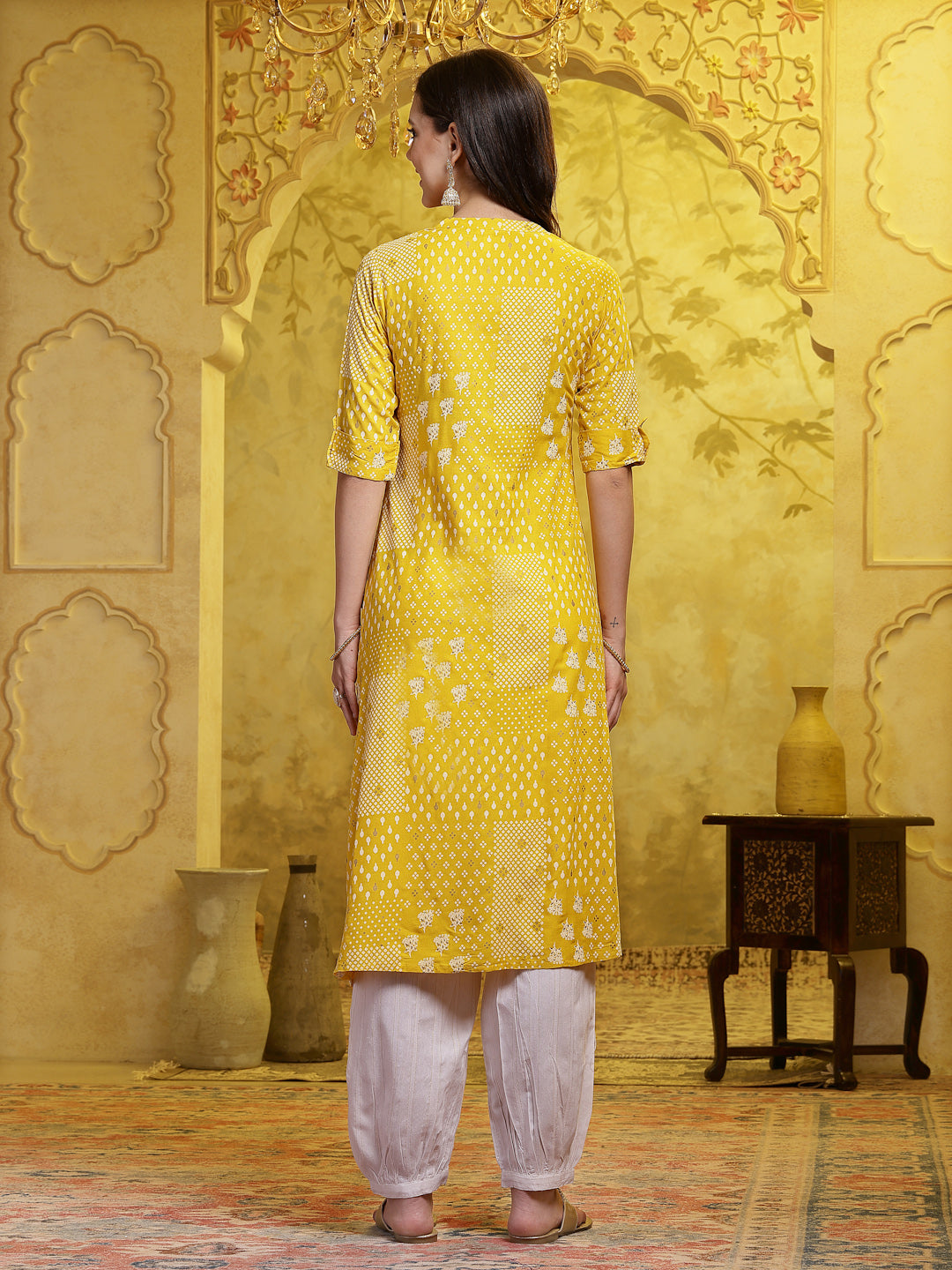 Mustard Printed Rayon A-Line Kurta Pant Set