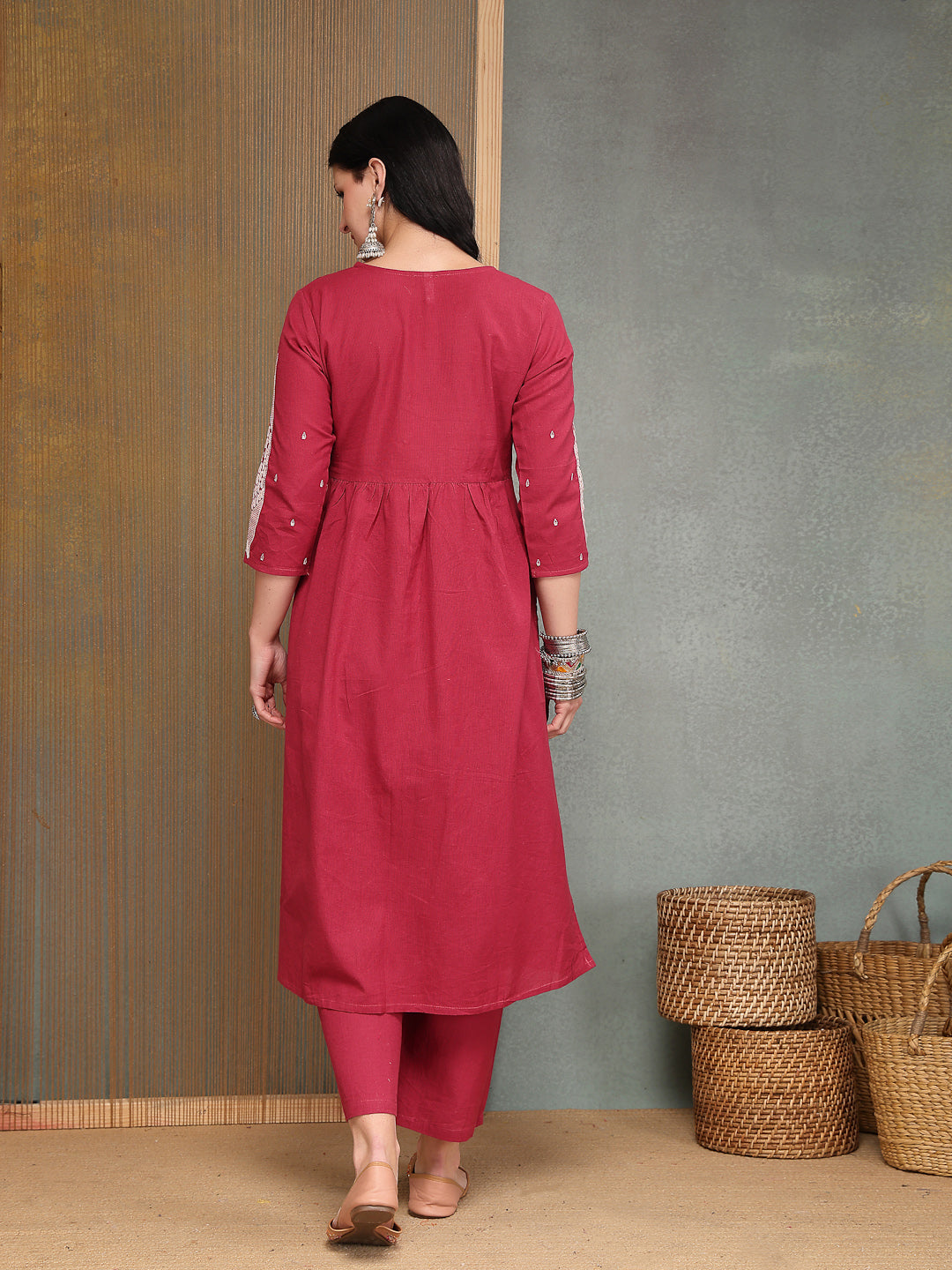 Solid & Embroidered Cotton A-Line Kurta Pant Set