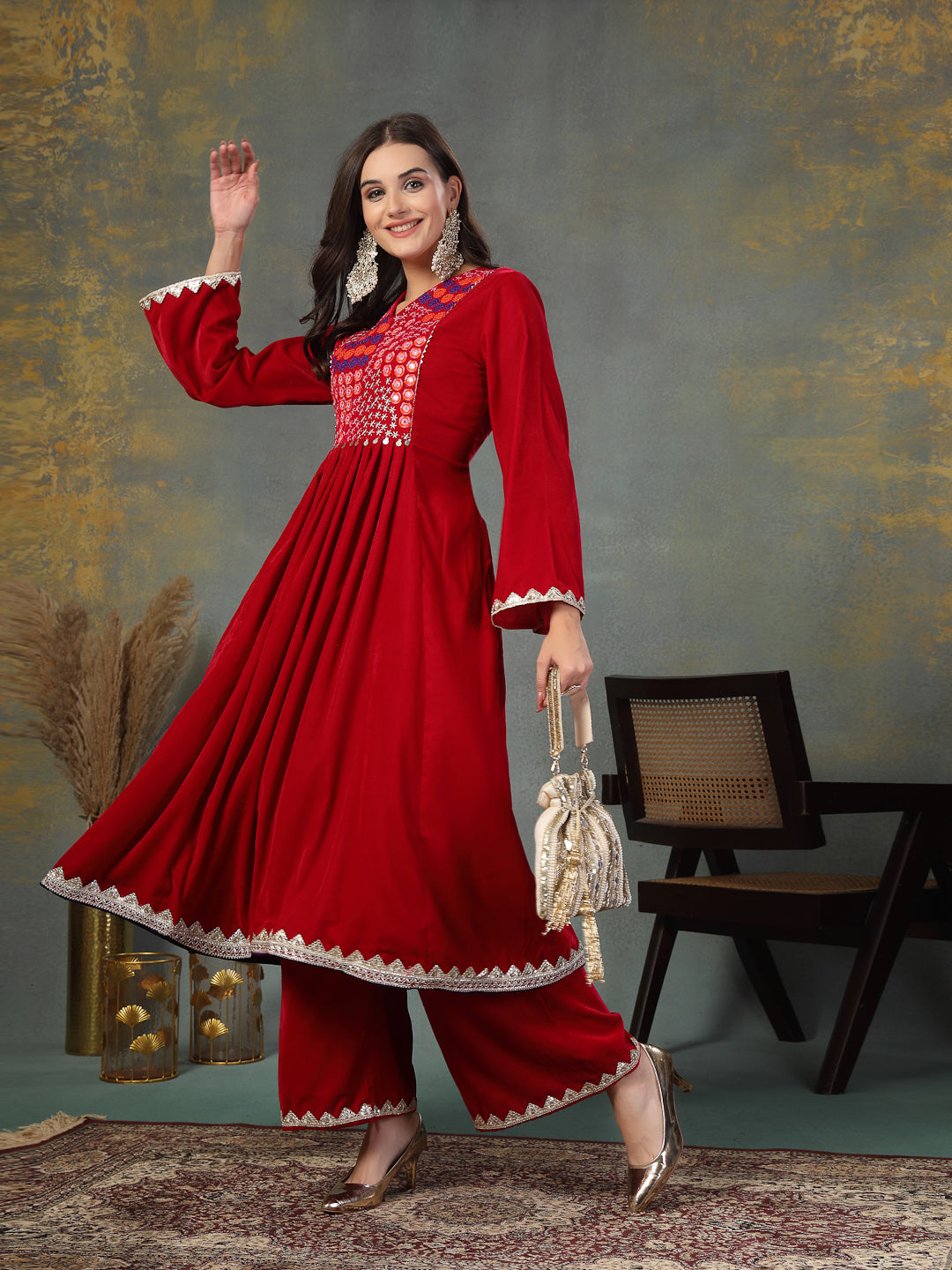 Pink Solid & Embroidered Velvet Anarkali Kurta Palazzo Set (Pre-Order)