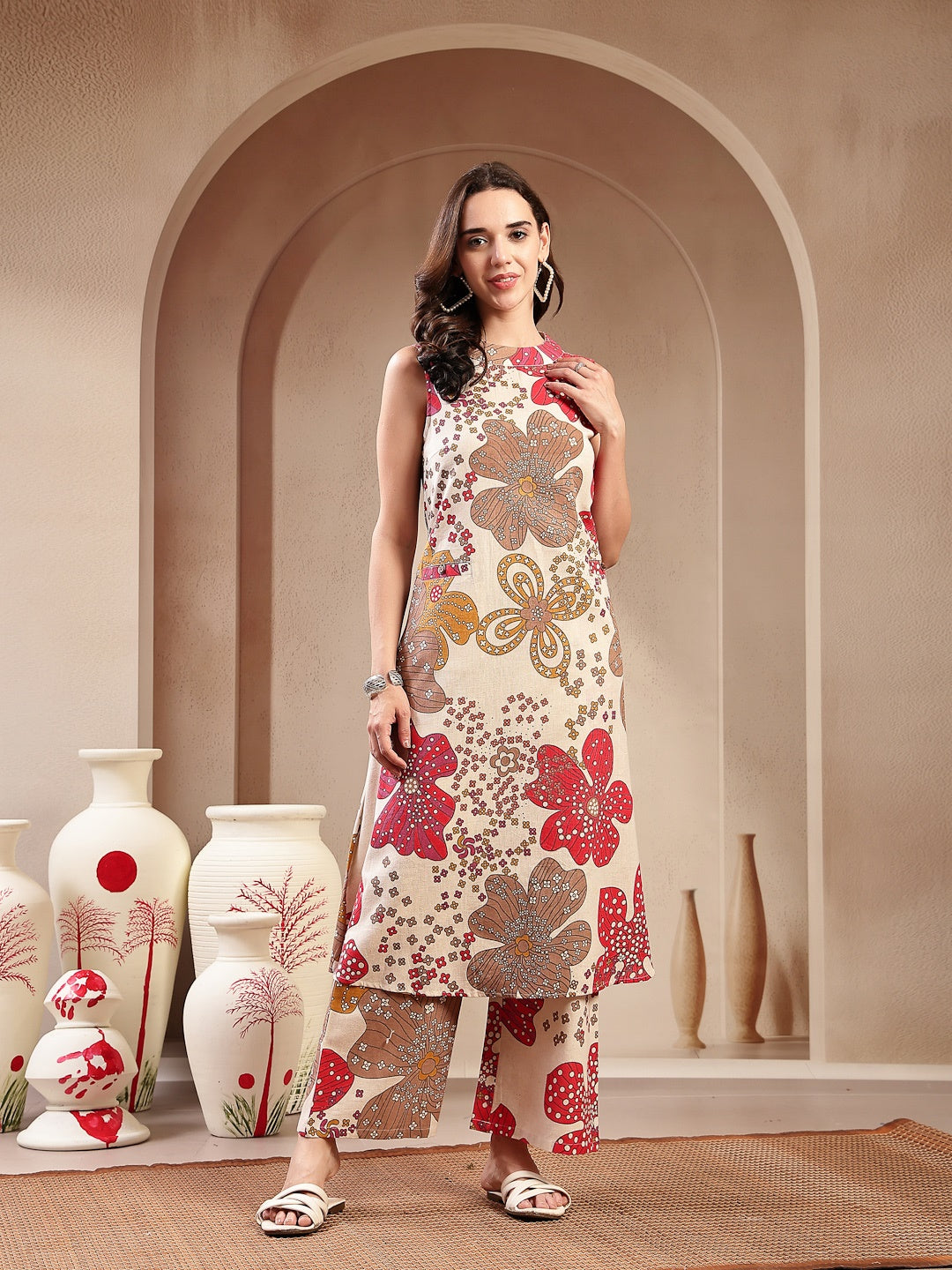 White Floral Printed Cotton Flax Straight Kurta Palazzo Set