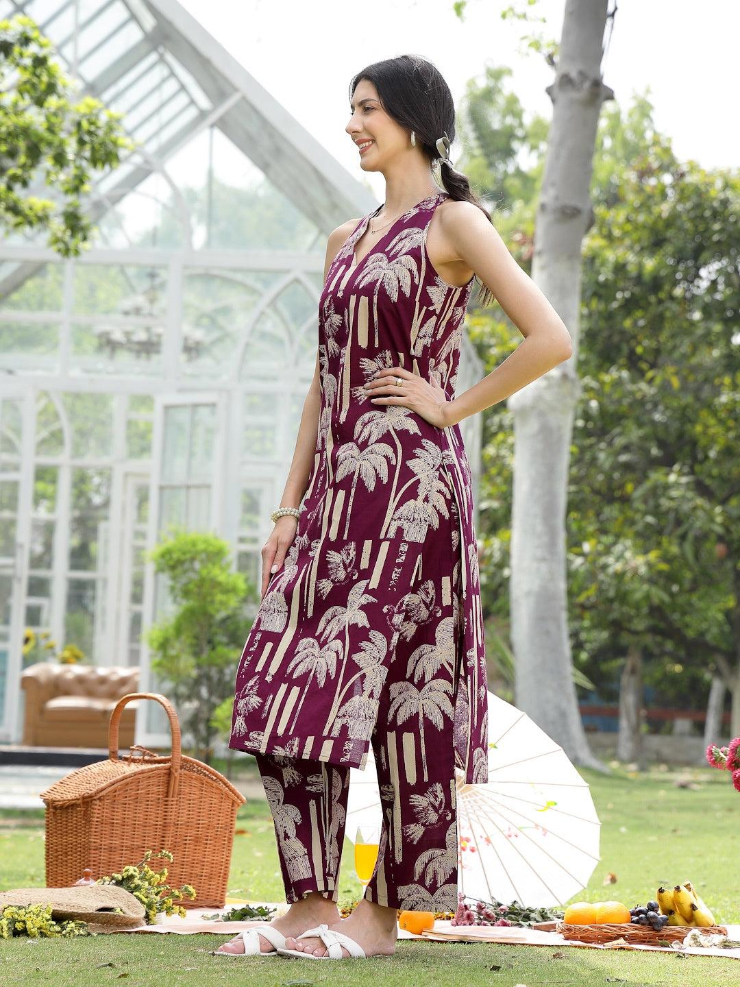 Wine Printed Cotton Straight Kurta Pant Set