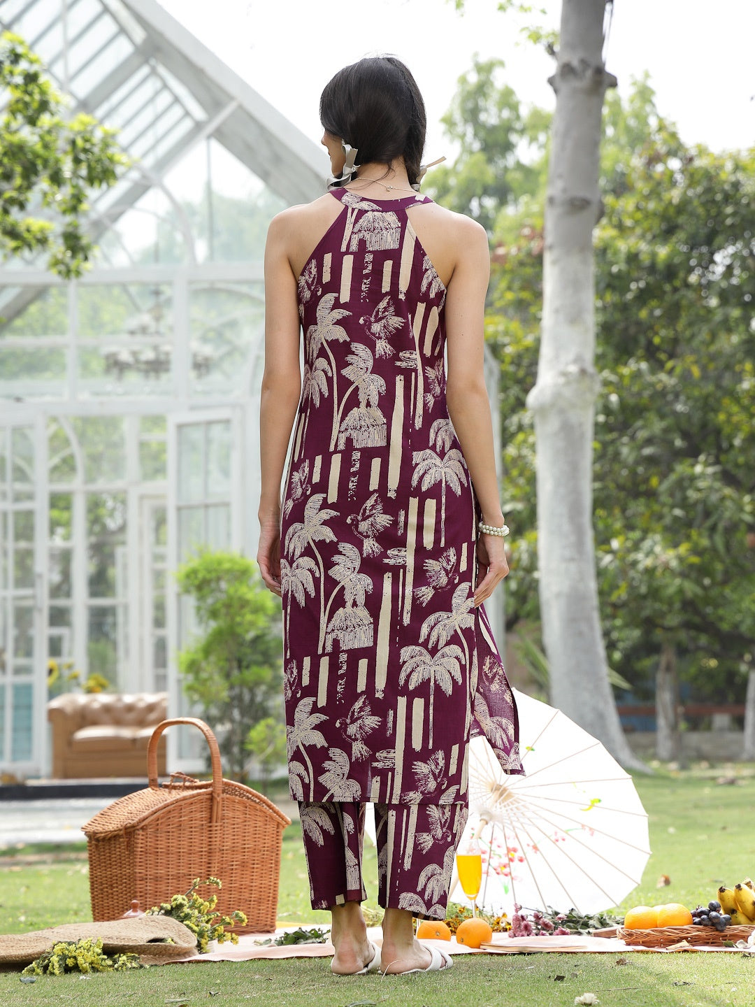 Wine Printed Cotton Straight Kurta Pant Set