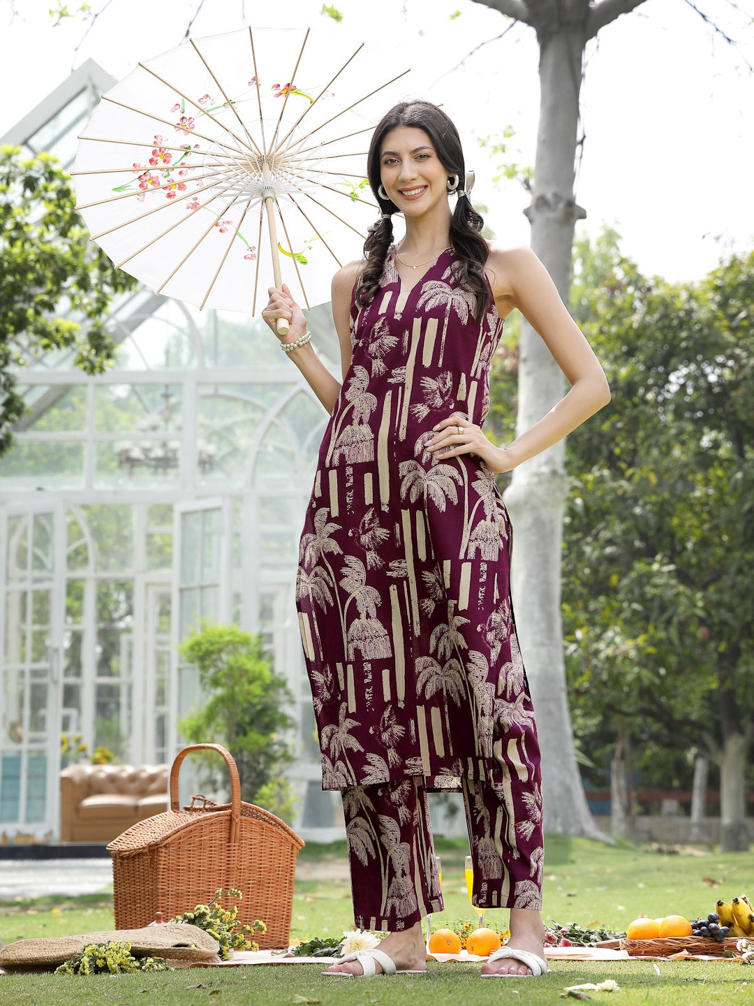 Wine Printed Cotton Straight Kurta Pant Set