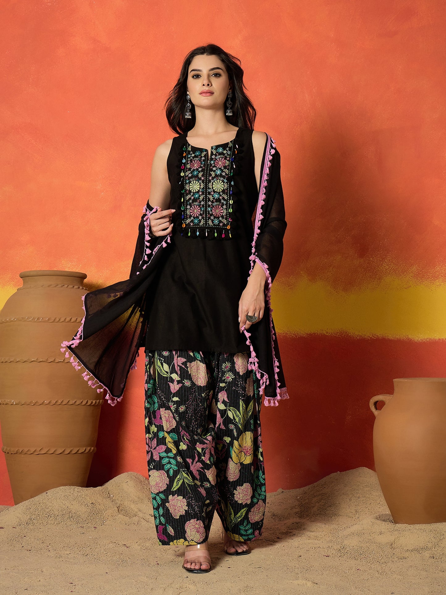 Solid & Embroidered Pure Cotton Straight Kurti Farshi Salwar With With Dupatta